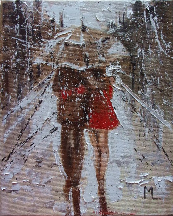 " HAPPY IN THE RAIN " original painting  palette knife COUPLE CITY GIFT