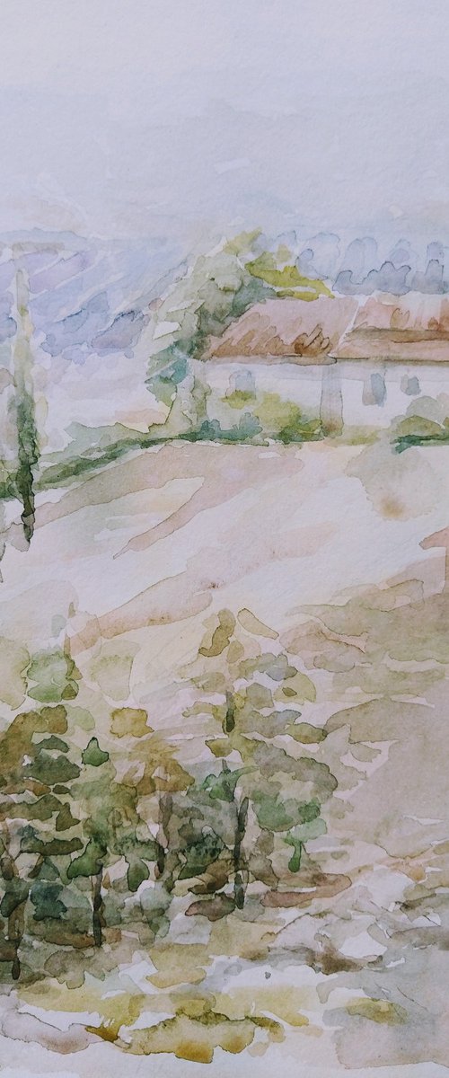 Lavender fields in Provence. Original watercolour painting by Yury Klyan