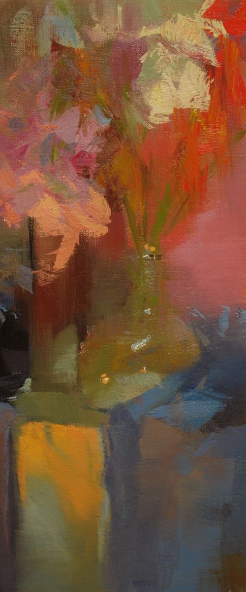 Still life painting with white flowers in a vase - Evening Poem - 55x40 cm by Yuri Pysar