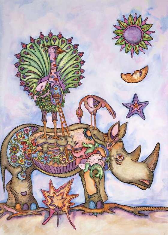 Rhinoceros and peacock