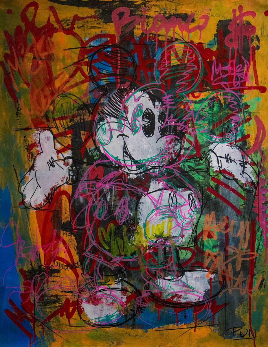 Urban And Pop Acrylic Painting , Mickey Mouse Street Art In Pink, Green Black By Carlos Pun Art, 28 X 35, Artwork For Sale On Artfinder