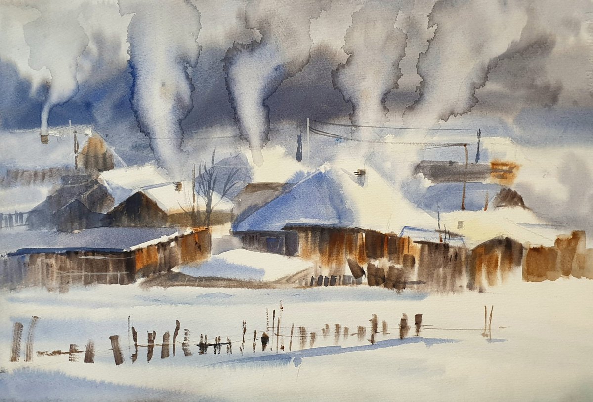 Impressionistic Landscape Watercolour By Elena Genkin, 22 X 15, Sunny Winter Scenery With Snow Village, Original Artwork