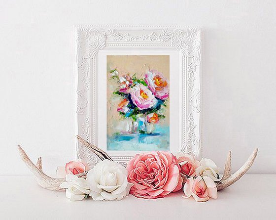 Floral Rose Painting Original Art Small Oil Artwork Flower Wall Art Mini Oil Painting