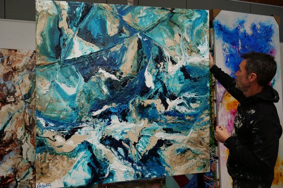 Squared Southern Oceans 150cm x 150cm Teal Textured Abstract Art