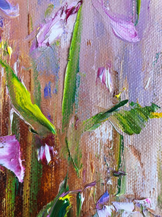 IRIS MOOD №1 - Xiphium. Irises. Flowers. Gift. Lilac color. Bouquet. Garden. Garden flowers. Field irises. Mini-art. Fast painting. The best solution. Gift painting. Postcard. Season. Holidays.