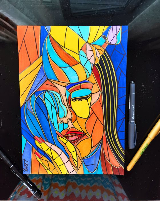 Woman & man abstract art in stained glass cubism style