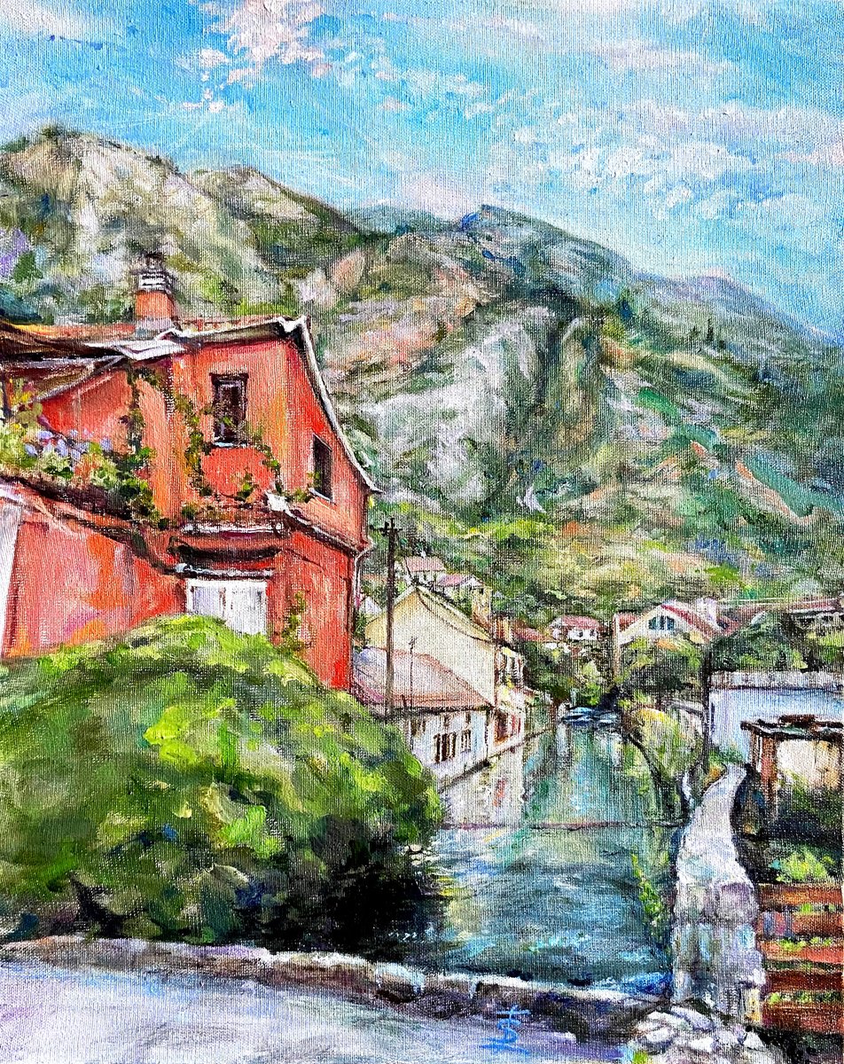 Impressionistic Landscape Oil Painting By Elvira Sesenina, 16 X 20, Mountains In Kotor, Original Artwork