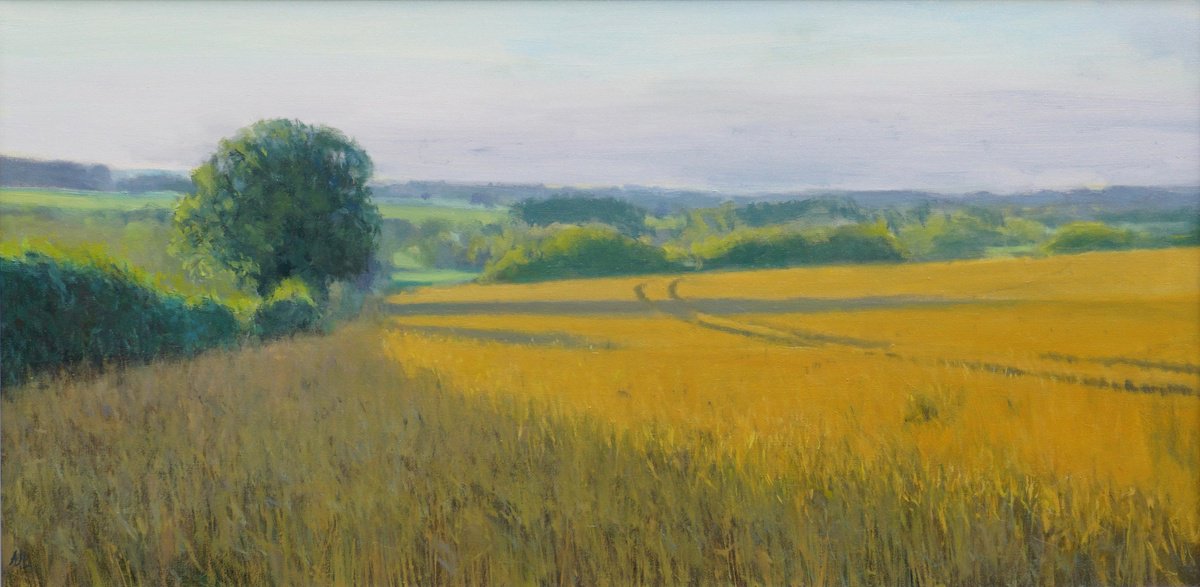 Impressionistic Landscape Oil Painting By Alex James Long, 31 X 16, Summer Sunrise, Wheat Fields, Original Artwork