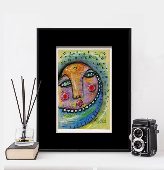 Moon Child - From the Funky Face Series - Mixed Media Collage Painting by Kathy Morton Stanion