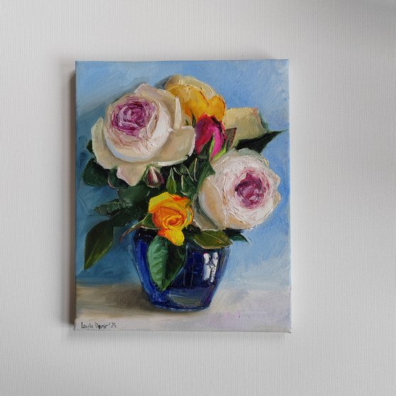 Pink and white roses bouquet in porcelian vase oil painting original still life 10x12"