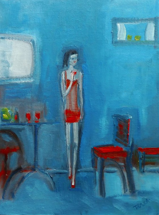 GIRL RED DRESS, RED WINE. Original Impressionistic Figurative Oil Painting. Varnished.