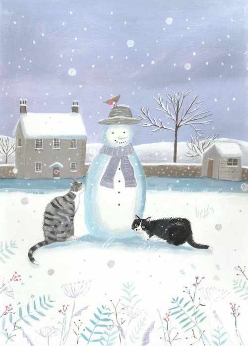 Cats with snowman by Mary Stubberfield