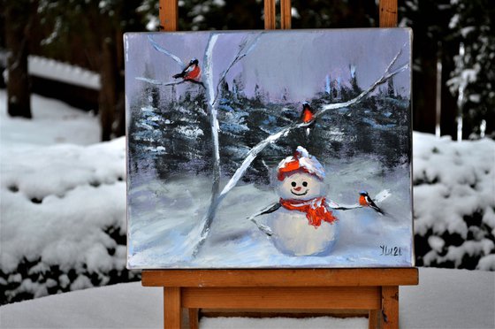 Snowman and bullfinches