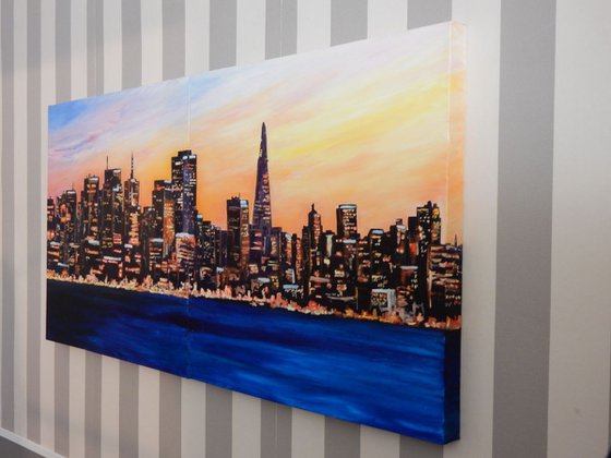 The city never sleeps. Cityscape, diptych. 100x50cm.