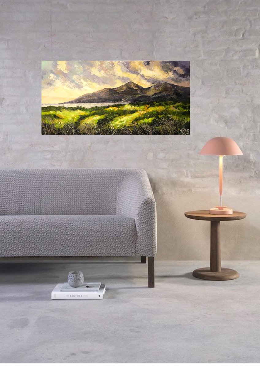 Impressionistic Landscape Acrylic Painting By Colette Baumback, 39 X 20, Mountains Of Mourne, Original Artwork