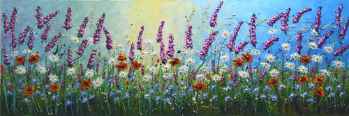 Summer Blooming - Extra Large Textured Wildflower Meadow Painting by Nataliya Stupak