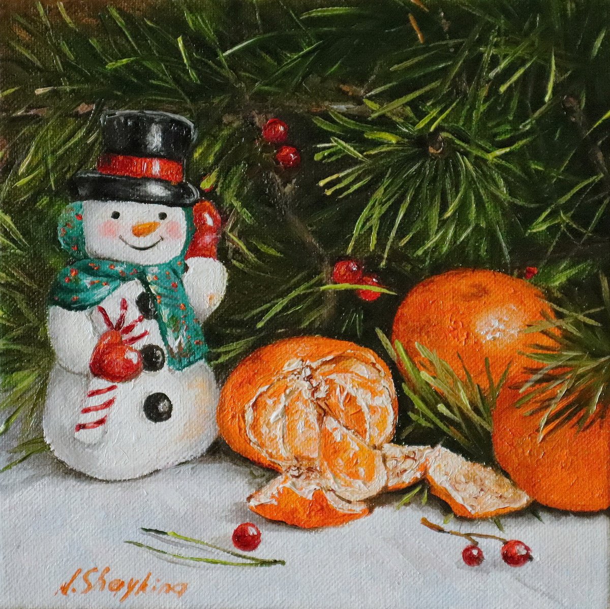 Impressionistic Animal Oil Painting By Natalia Shaykina, 8 X 8", Snowman. Christmas, Original Artwork
