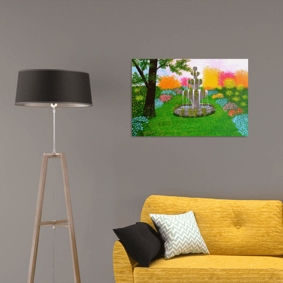 Make A Wish - large wild garden landscape; spring blossoms; wishing fountain; home, office decor; gift idea