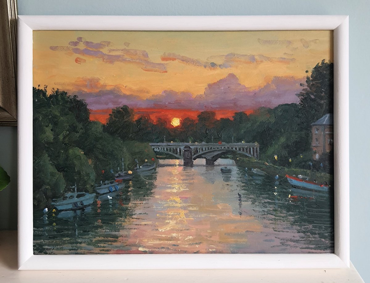 Impressionistic Landscape Oil Painting By Roberto Ponte, 17 X 13", London Richmond Railway Bridge, Original Artwork