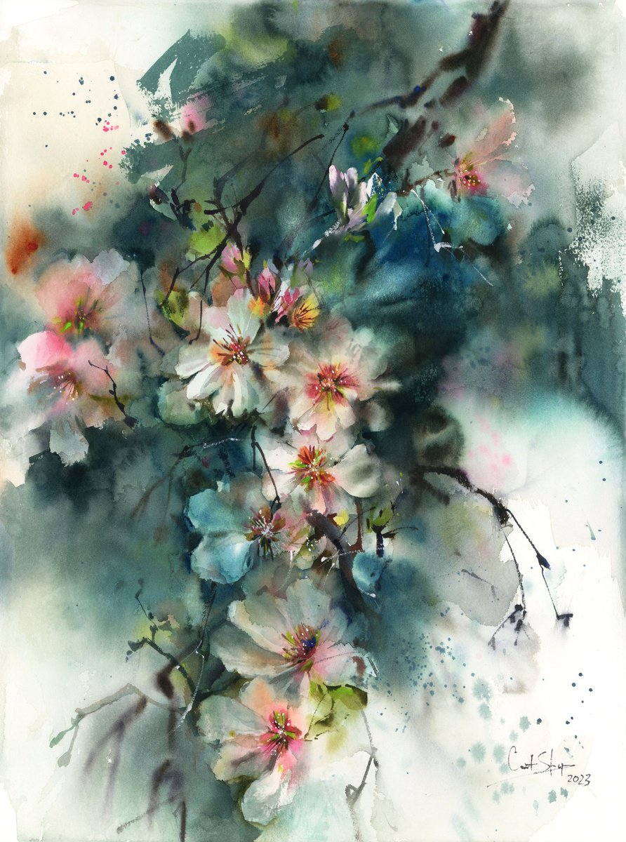 Impressionistic Botanical Watercolour By Sophie Rodionov, 14 X 19", Almond Bloom, Original Artwork