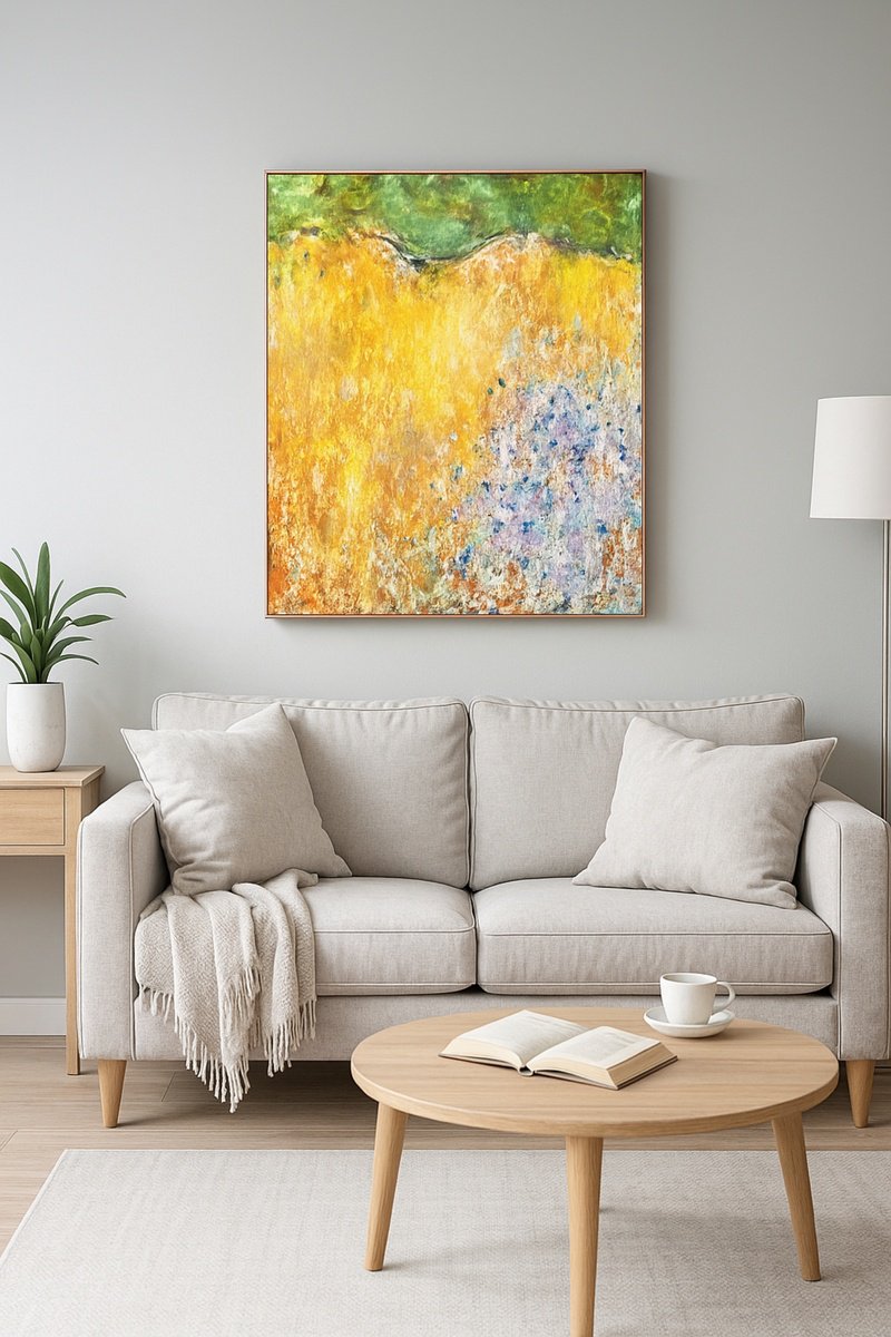 Abstract Landscape Acrylic Painting By Marian Gorin, 18 X 22", Stubble Field, Original Artwork