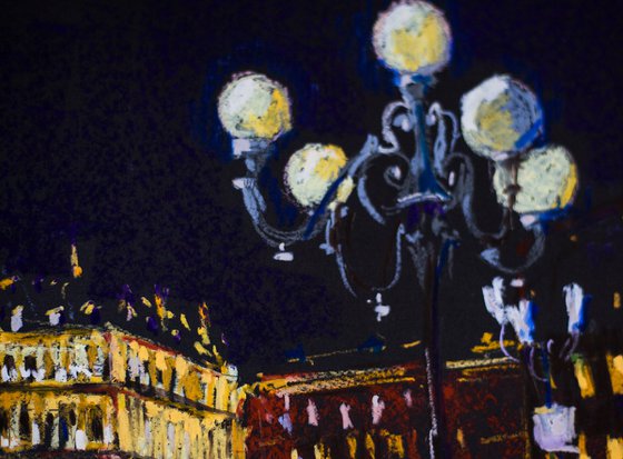 Night in Paris. Louvre Hotel. Medium oil pastel drawing bright colors France