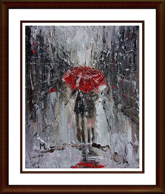 " WALKING IN THE RAIN II " original painting CITY palette knife