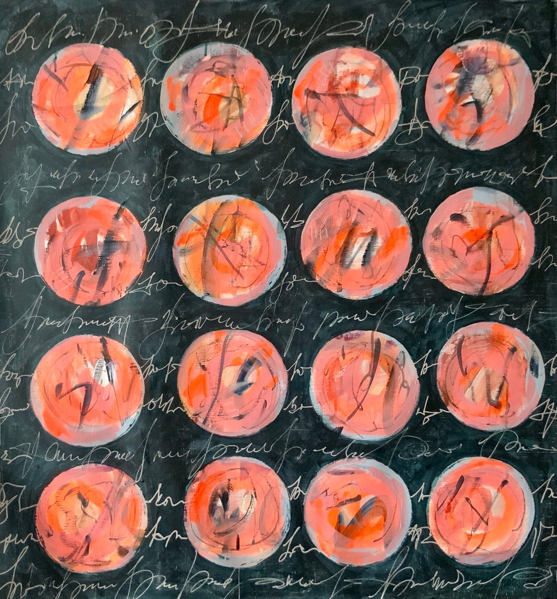 Geometric Abstract Acrylic Painting By Alexandra Jagoda (Ovcharenko), 39 X 43, Read Between The Lines, Original Artwork