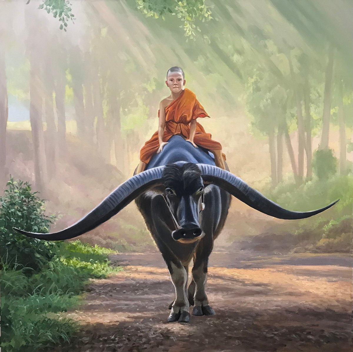 Original oil painting The boy on the buffalo - 80x80 cm (2022) by Evgeniya Roslik