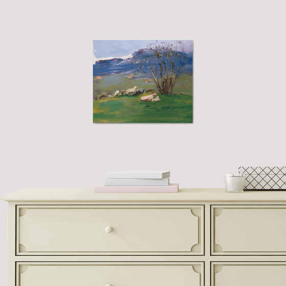 In the mountains in spring . Cows and sheep . Original oil painting