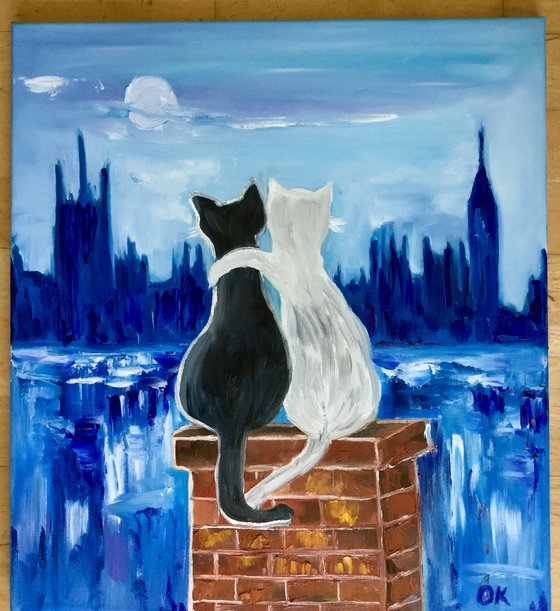 Cats in London. Mystic  night in foggy London, Parliament. Present idea