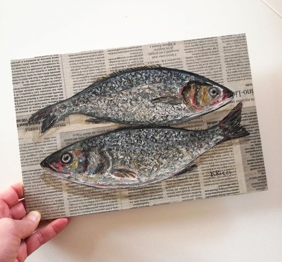 "Scaled Sea Brass Fishes on Newspaper" Original Oil on Canvas Board Painting 12 by 8 inches (30x20 cm)