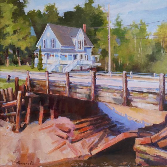 "The old bridge" - Original impressionistic style Canadian landscape painting (14x14x0.7'')