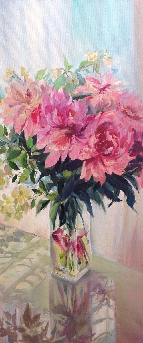 Peonies with jasmine by Olena Hontar