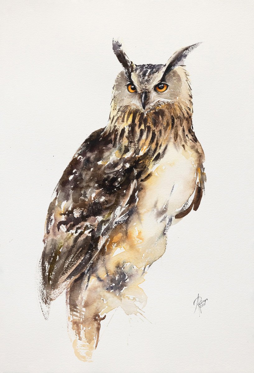 Eurasian Eagle-owl Watercolour By Andrzej Rabiega | Artfinder