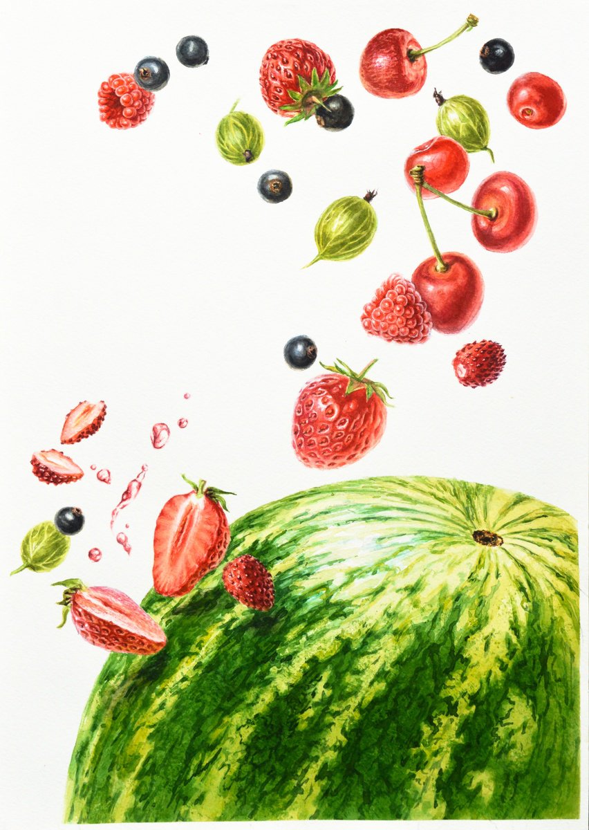 Photorealistic Still Life Watercolour By Lida Duchnewitsch, 12 X 16", Berry Mix, Original Artwork