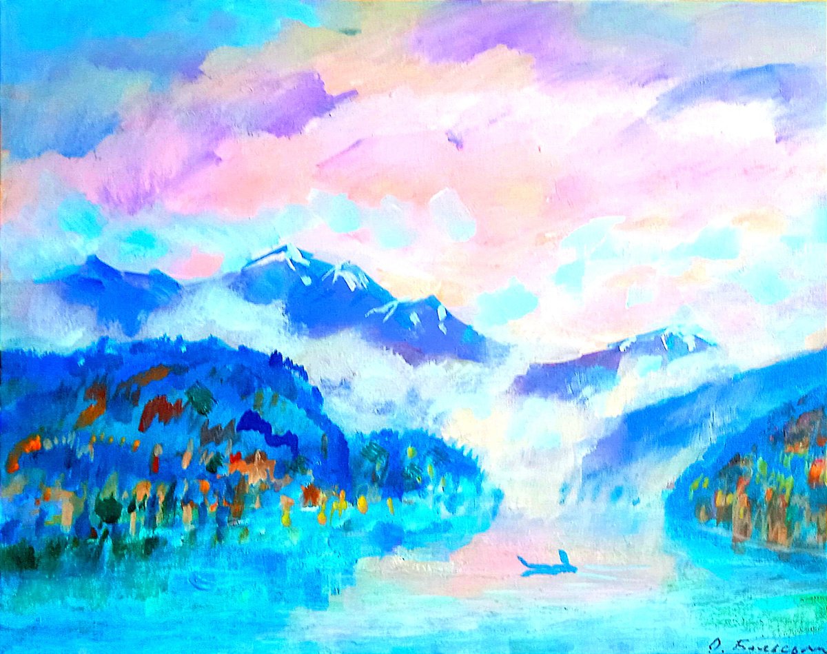 Impressionistic Landscape Acrylic Painting By Oleksandr Bielskyi, 20 X 16", Mountain Lake, Original Artwork