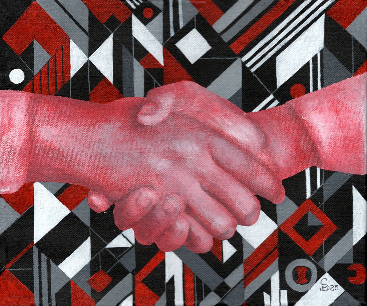 Geometric Portrait Acrylic Painting By Margarita Stepanova, 12 X 10", Crimson Alliance, Original Artwork