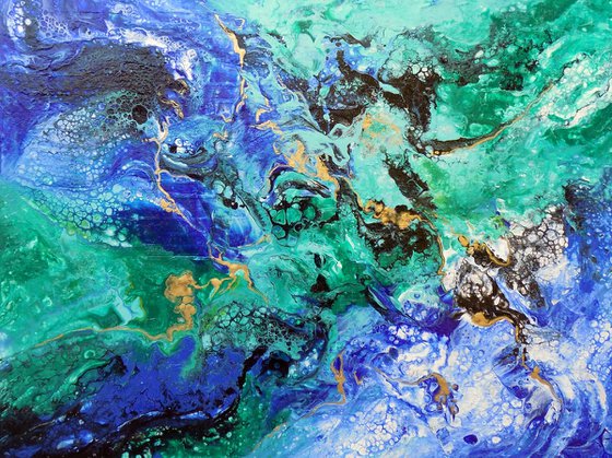 Modern abstract art blue green gold metallic painting, Summer vibes