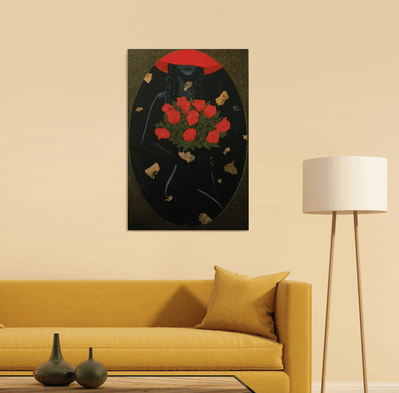Romance in Red - large abstract figurative painting; office, home decor; gift idea