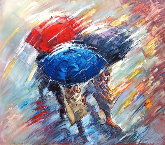 Colorful umbrellas (70x80cm, oil painting, ready to hang)