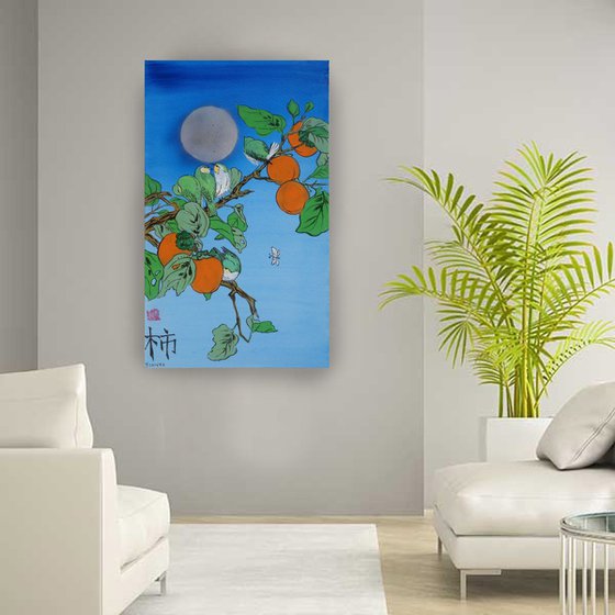 Persimmon brunch moon and birds Japan Hieroglyph original artwork in japanese style J099 ready to hang painting acrylic on stretched canvas wall art