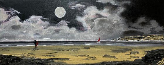 Old Harry Rocks under a Full Moon on a Panoramic Canvas