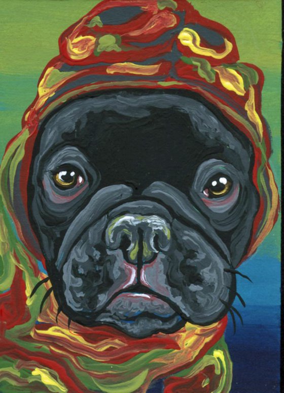 ACEO ATC Original Miniature Painting Black French Bulldog Pet Dog Art-Carla Smale