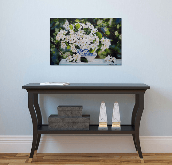 Apple Blossoms in a Vase, Spring Garden Scenery