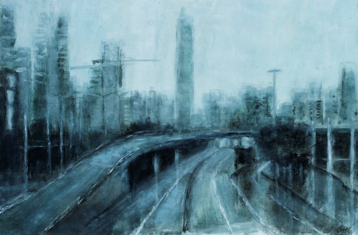 Abstract Cityscapes Oil Painting By Angela Suto, 41 X 28, Silence, Original Artwork