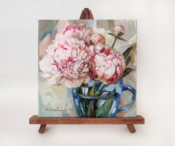 Peony art painting original on canvas 8x8, Pale pink peonies painting in oil, Flowers art canvas painting