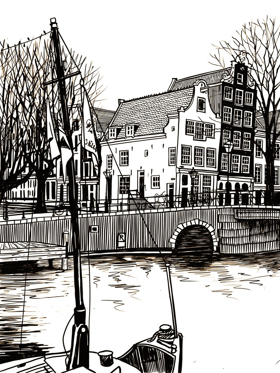 Mast of a boat with flags and ancient houses of Amsterdam by Tatiana Alekseeva
