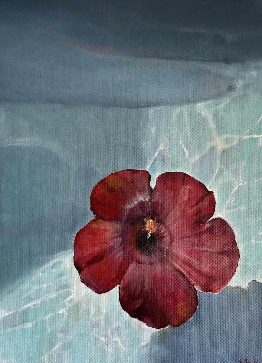 Photorealistic Landscape Oil Painting By Myroslava Denysyuk, 9 X 13", Hibiscus Water Sunlight, Original Artwork