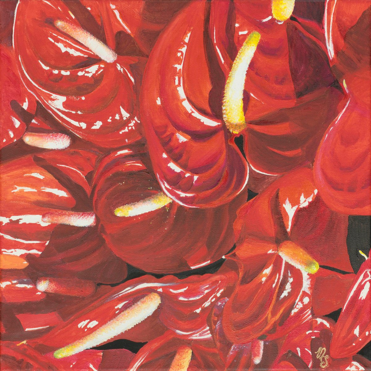 Expressive Botanical Acrylic Painting By Sonata Art, 16 X 16", Modern Red Canvas, Original Artwork